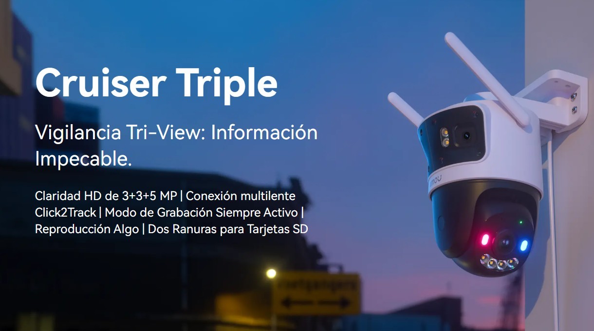 IPC-S7UN-11M0WED. Cruiser Triple de 11MP (3+3+5 MP) Cámara WiFi Imou con triple lente 2 Fijos y 1 PT, Sirena con luces, Audio, Seguimiento automático, Micro SD / Cloud